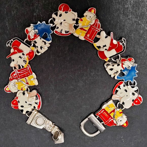 🐶Cute Enameled FIRE STATION DALMATION DOG Charm Magnetic Clasp 7.5" Bracelet - Picture 1 of 8